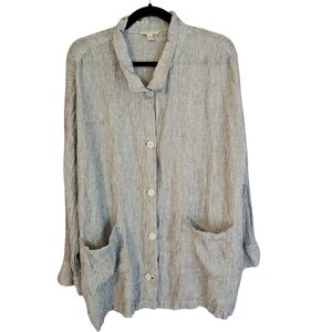 Eileen Fisher Black and Gray Striped Organic Linen Jacket Gauzy XL